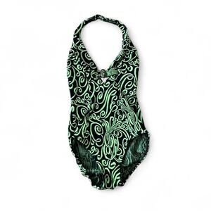 Vintage Sirena Lime Green & Black Abstract Halter One-Piece Swimsuit Size Medium